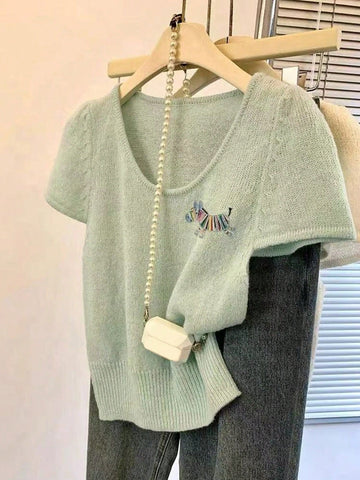 Pulover cu mânecă scurtă SHEIN, verde