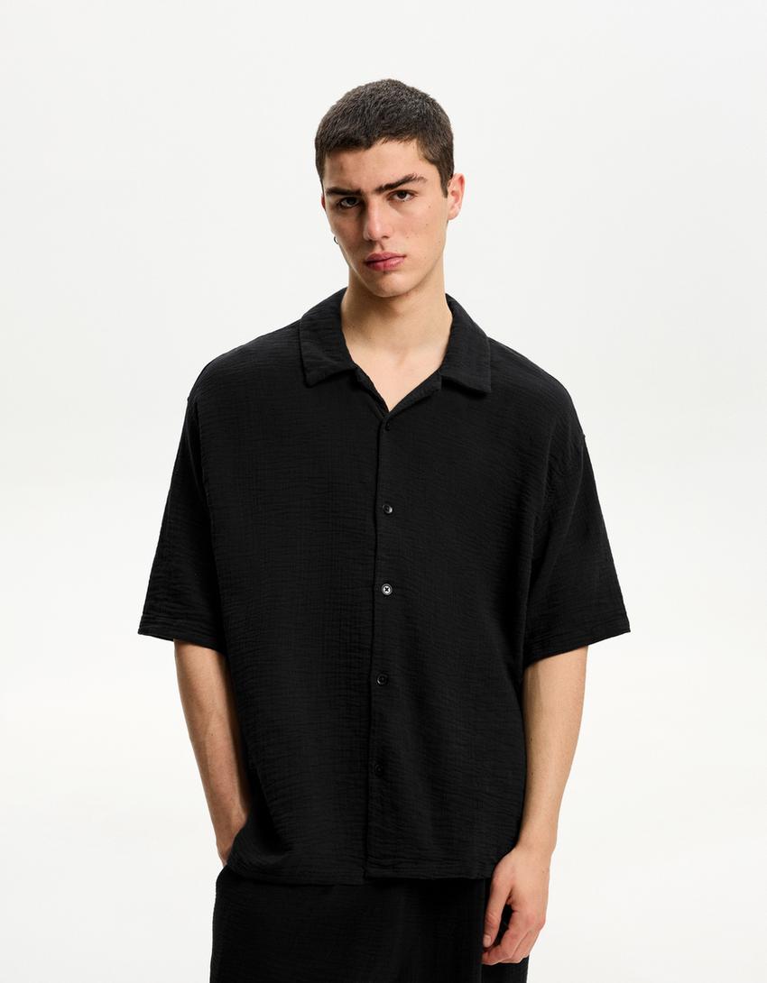 Cămașă cu mânecă scurtă BERSHKA, negru