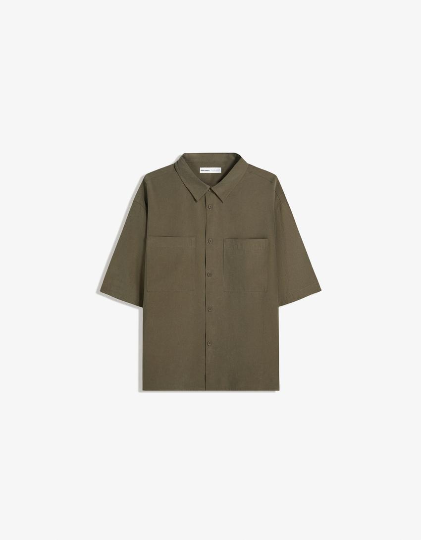 Cămașă cu mâneca scurtă BERSHKA, kaki