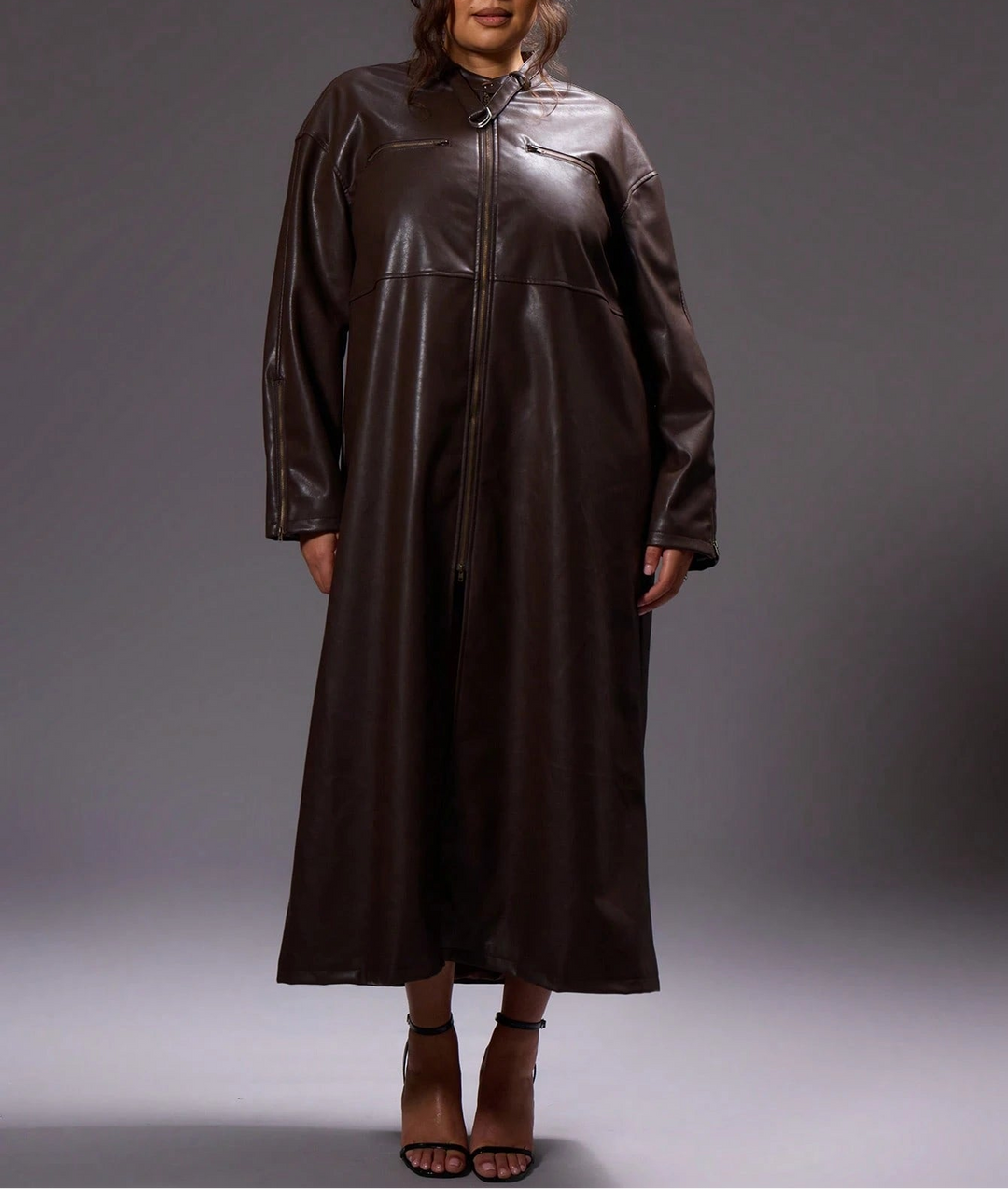 Trench imitație piele SHEIN, maro