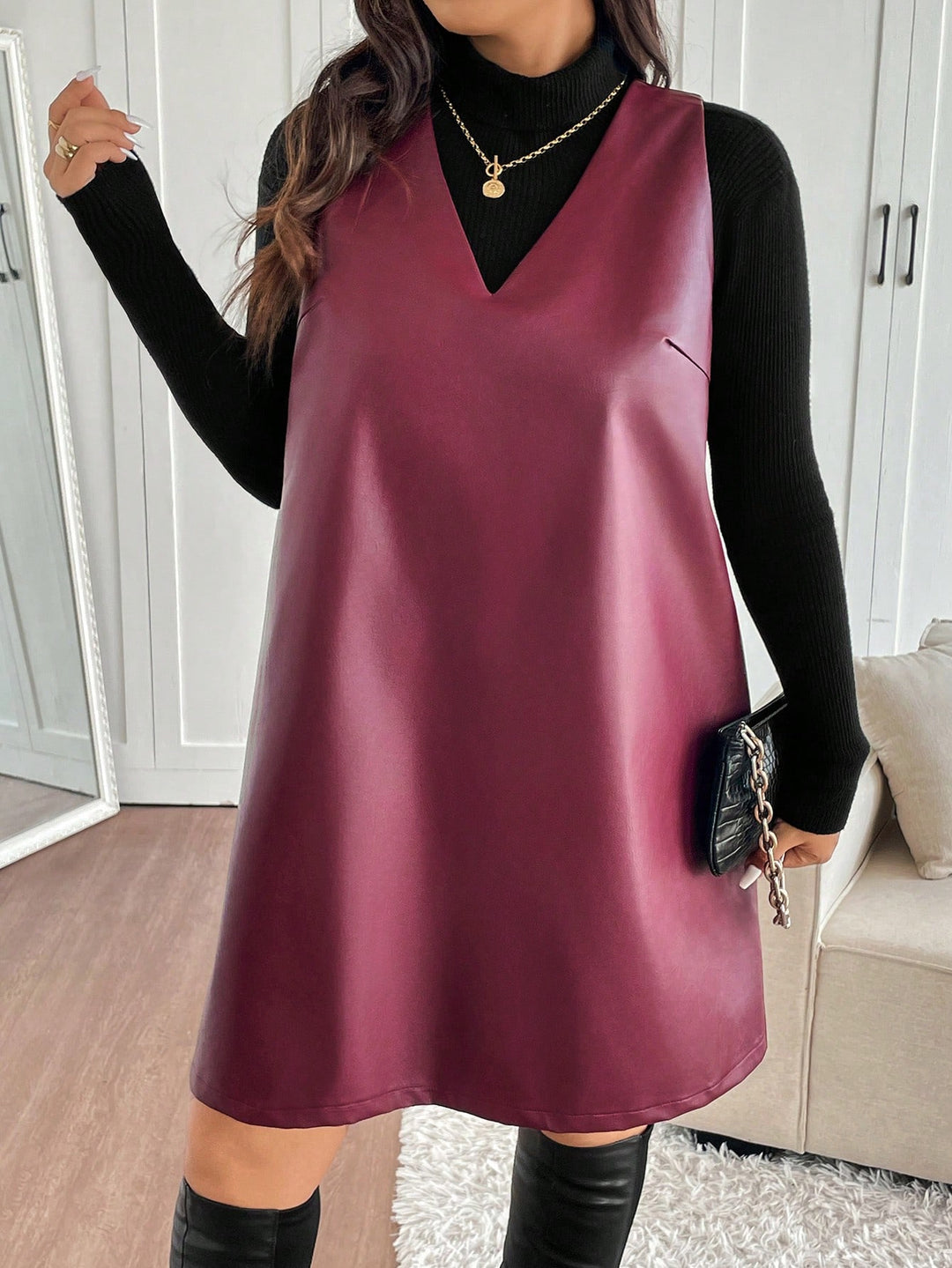 Rochie imitație de piele Shein Curve+, vișiniu