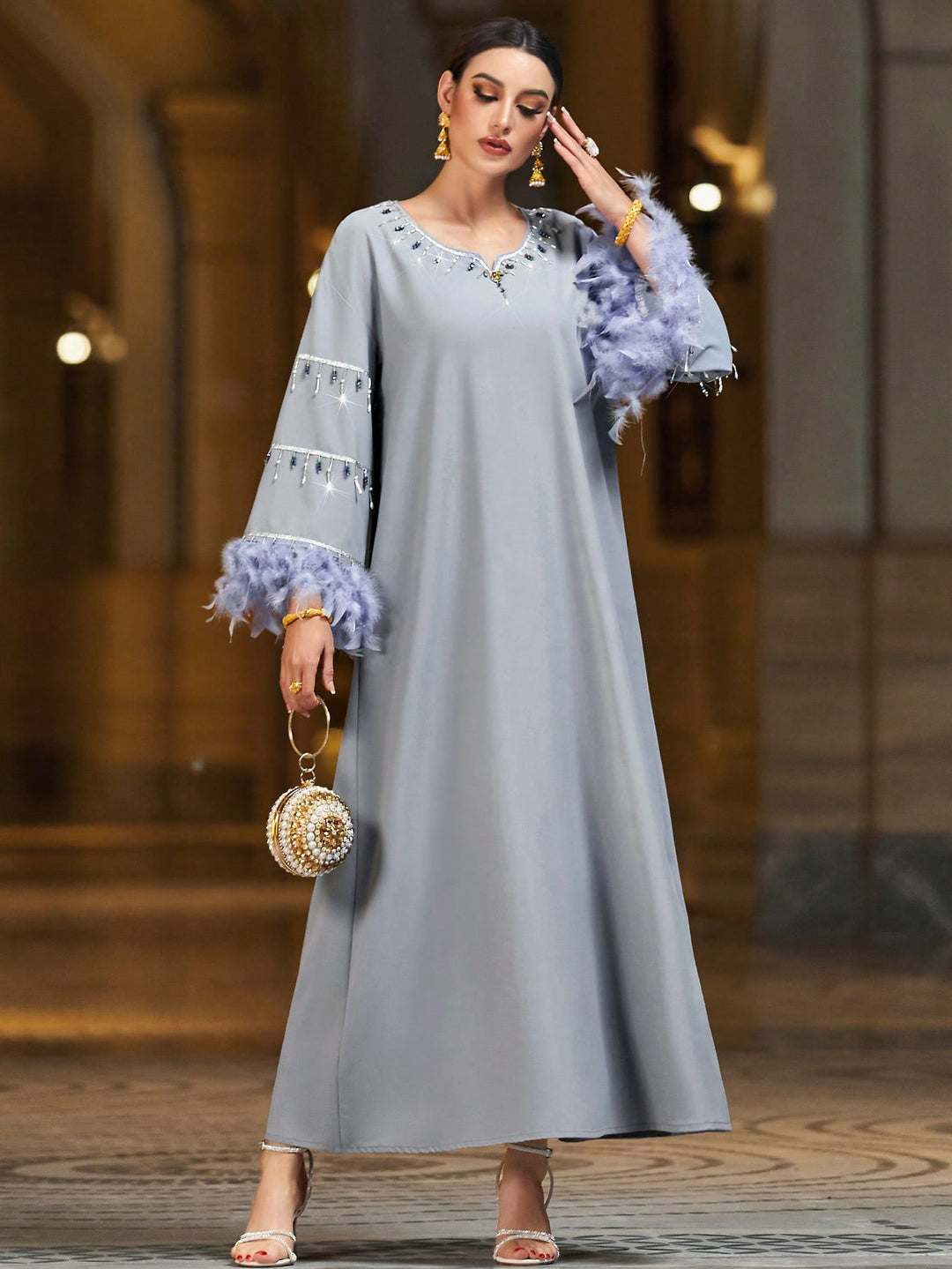 Set caftan și jalabiya SHEIN, gri