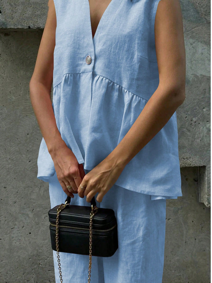 Set cu top fără mâneci și pantaloni SHEIN, albastru