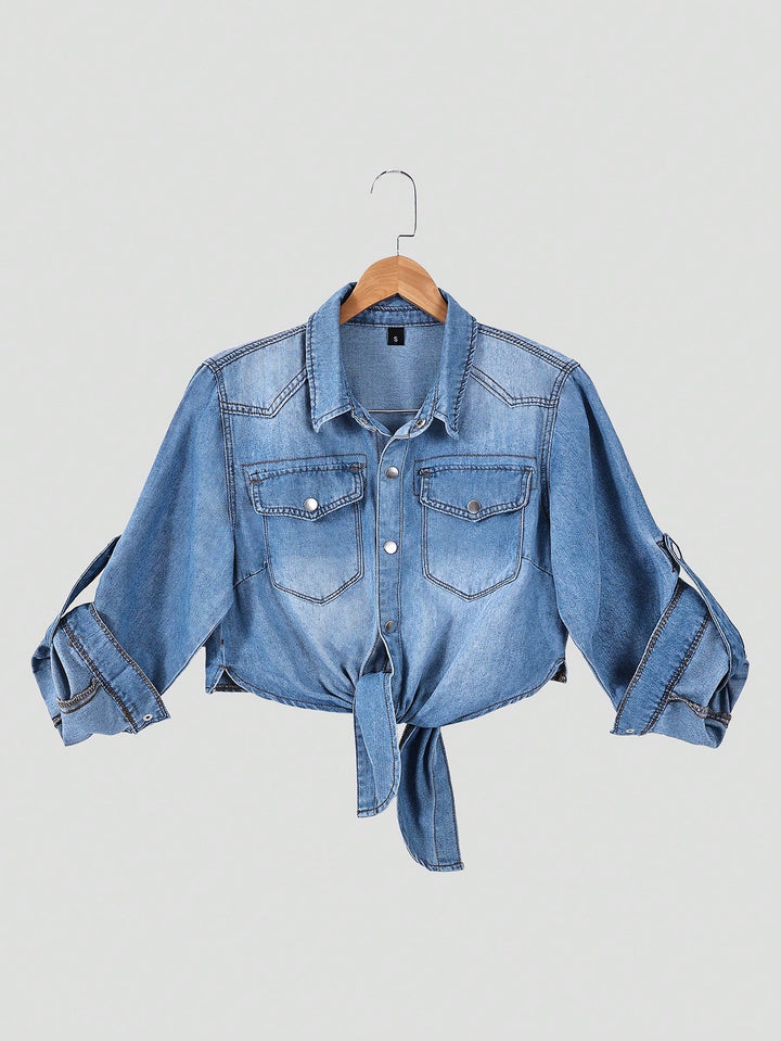 Cămașă casual din denim SHEIN, albastru