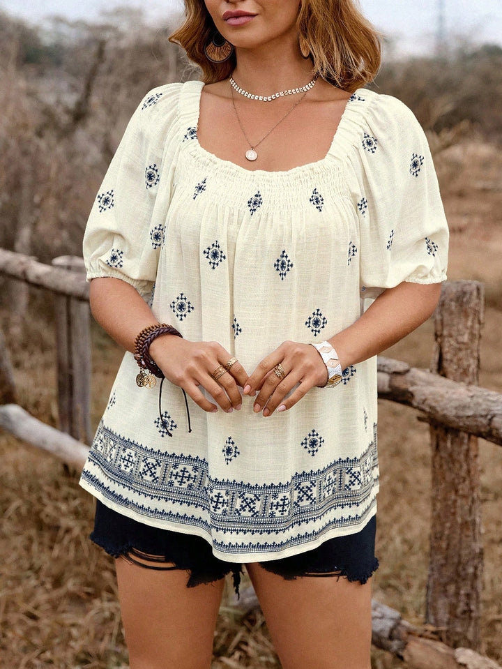 Shein Curve+ rövid ujjú ing, krémszínű