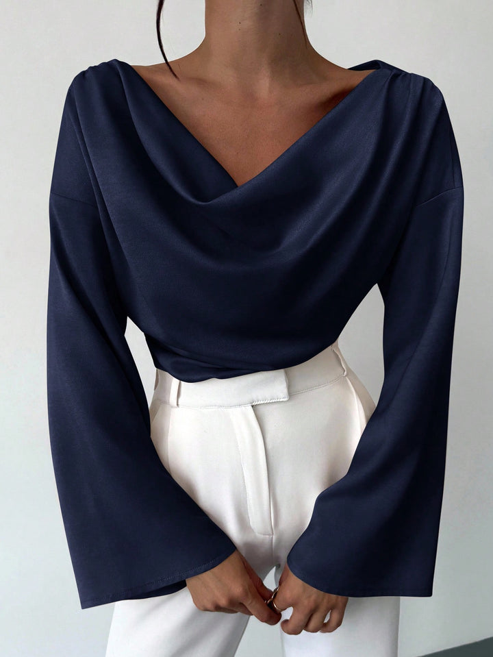 Bluza satin asimetrică SHEIN, albastru
