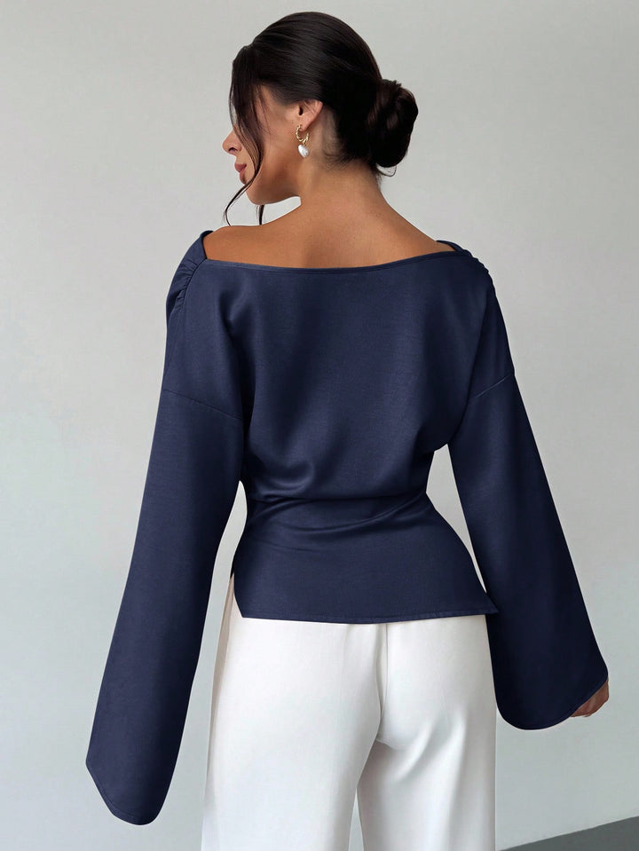 Bluza satin asimetrică SHEIN, albastru
