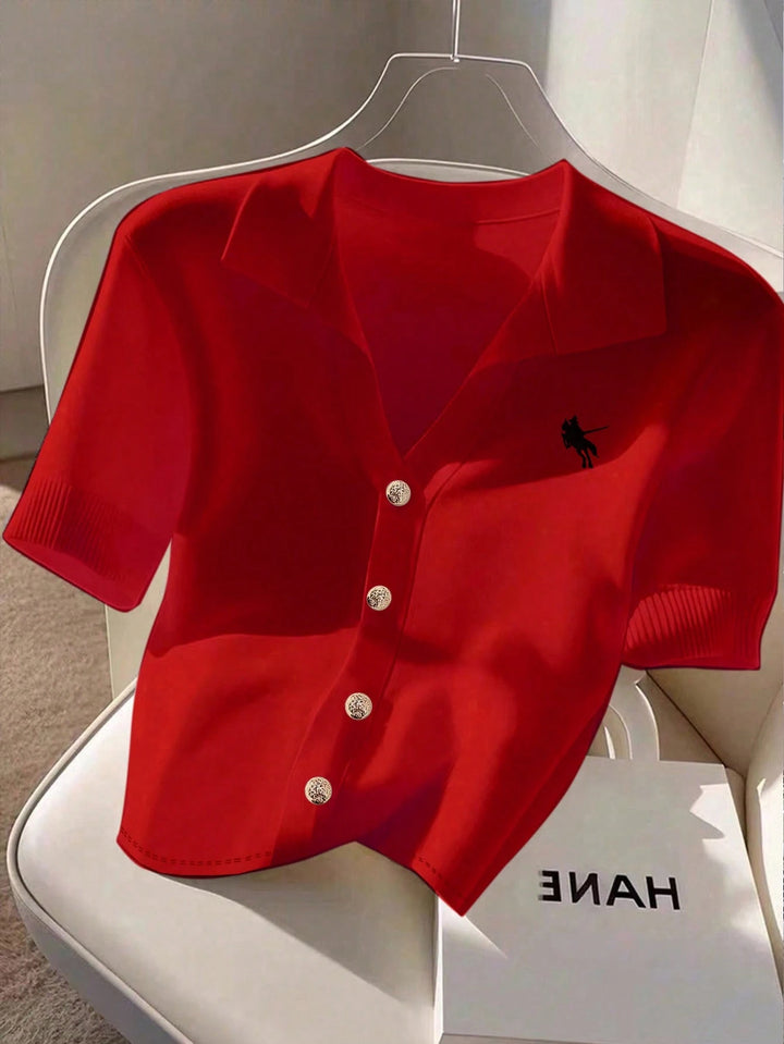 Tricou cu nasturi SHEIN, roșu