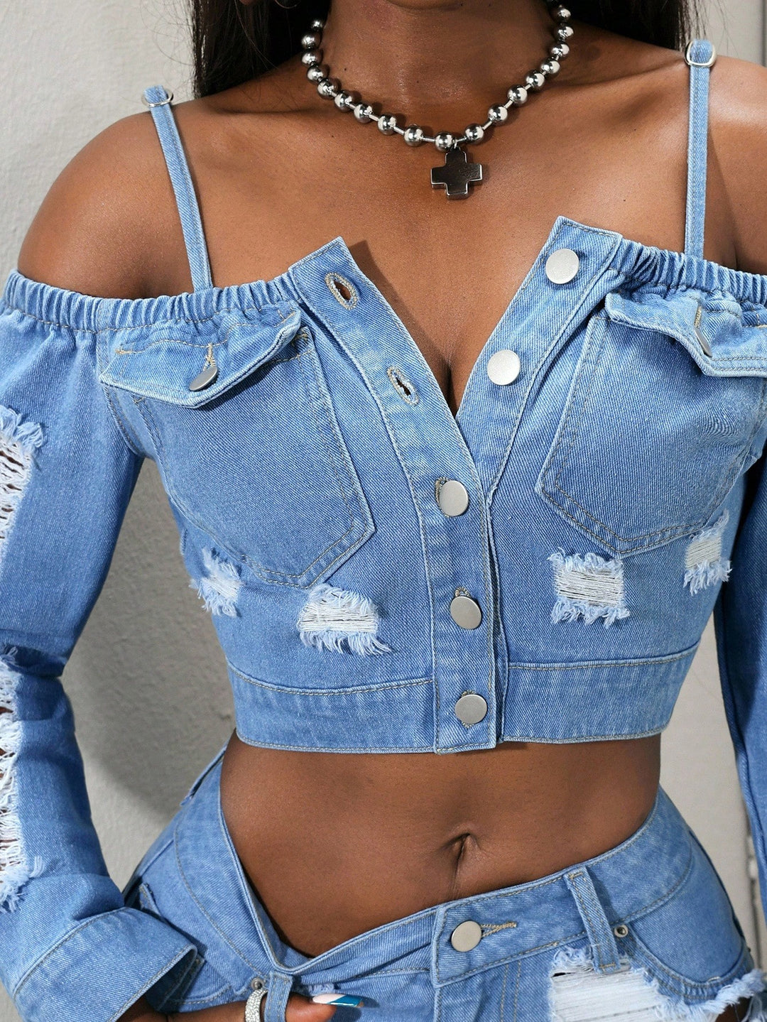 Jachetă scurtă din denim SHEIN, albastru