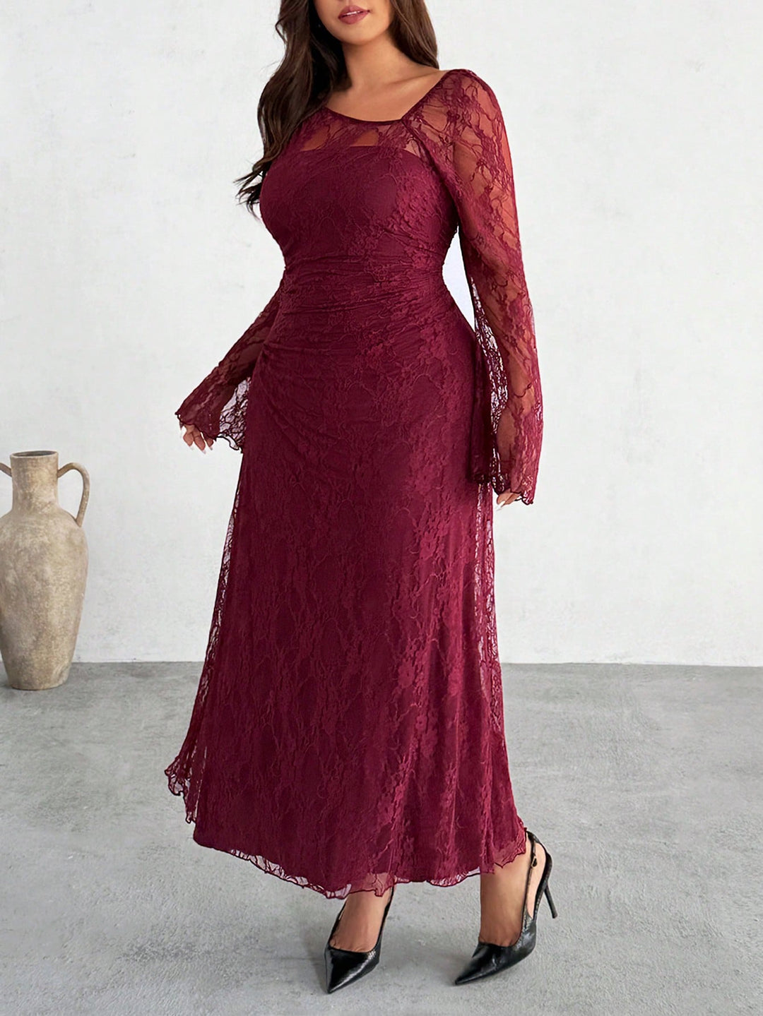 Shein Curve+ midi ruha, bordó
