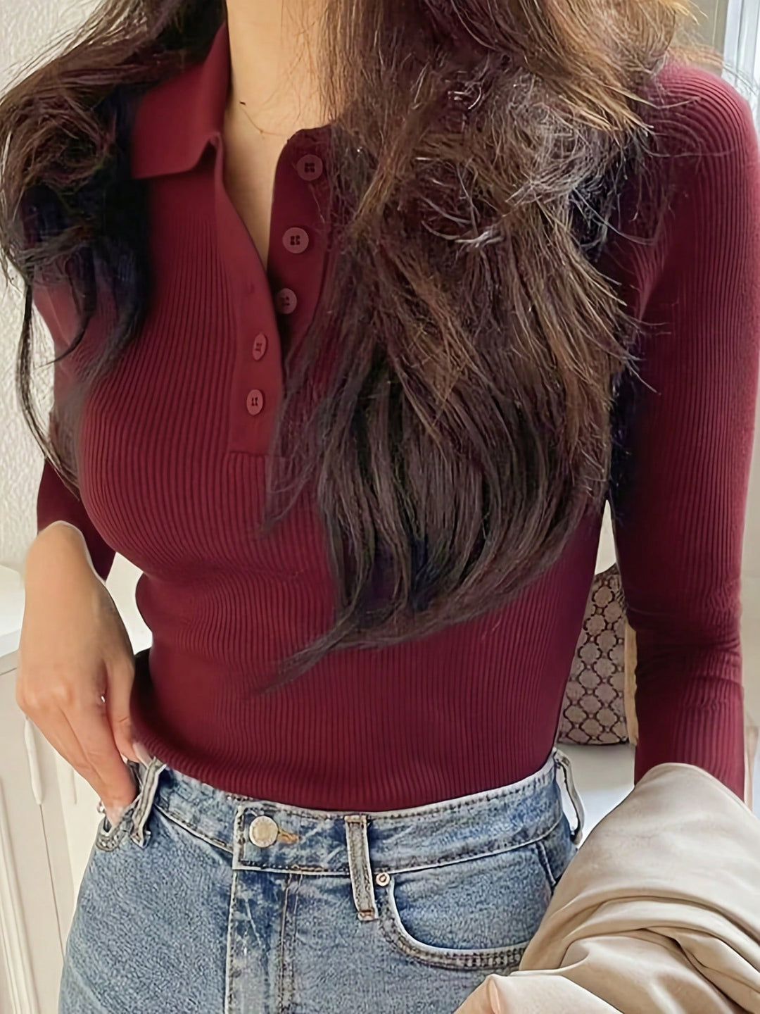 Pulover tip polo tricotat SHEIN, vișiniu