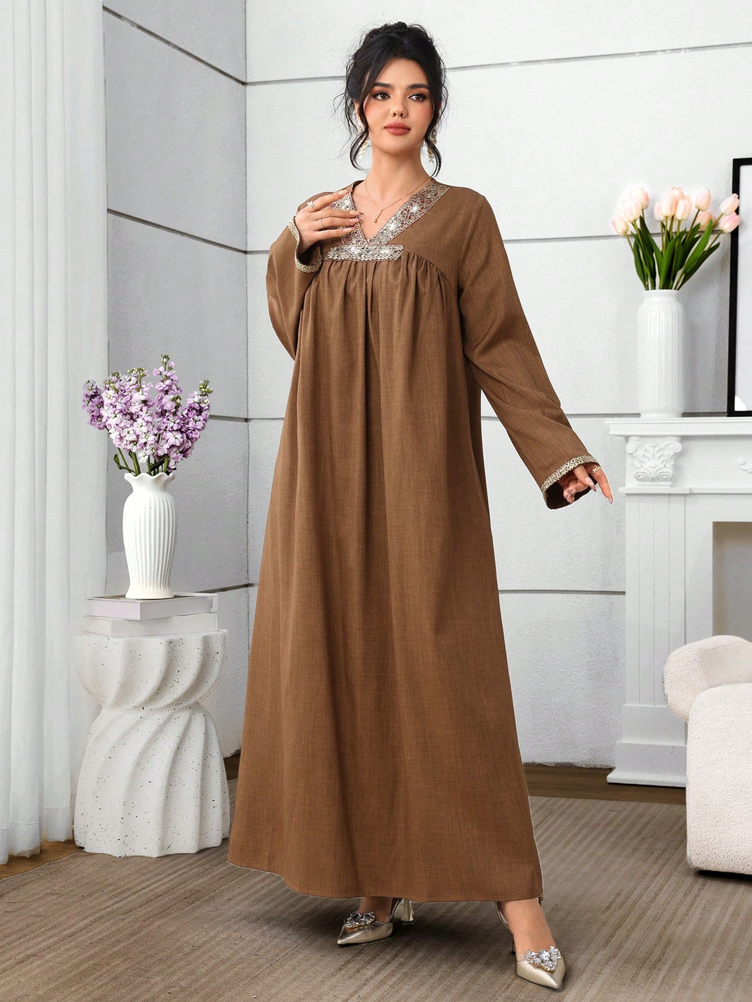 Set caftan și jalabiya SHEIN, maro