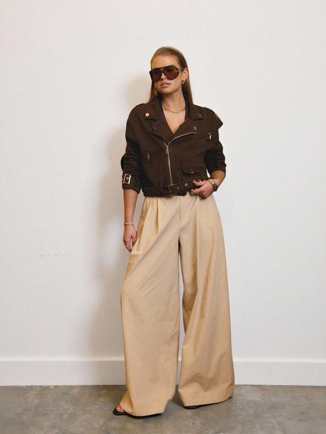 Jachetă denim tip biker SHEIN, maro