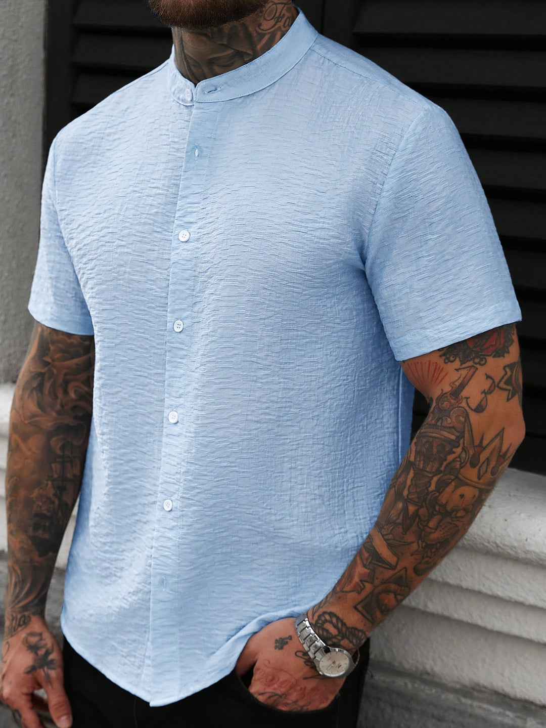 Cămașă cu mânecă scurtă SHEIN, albastru