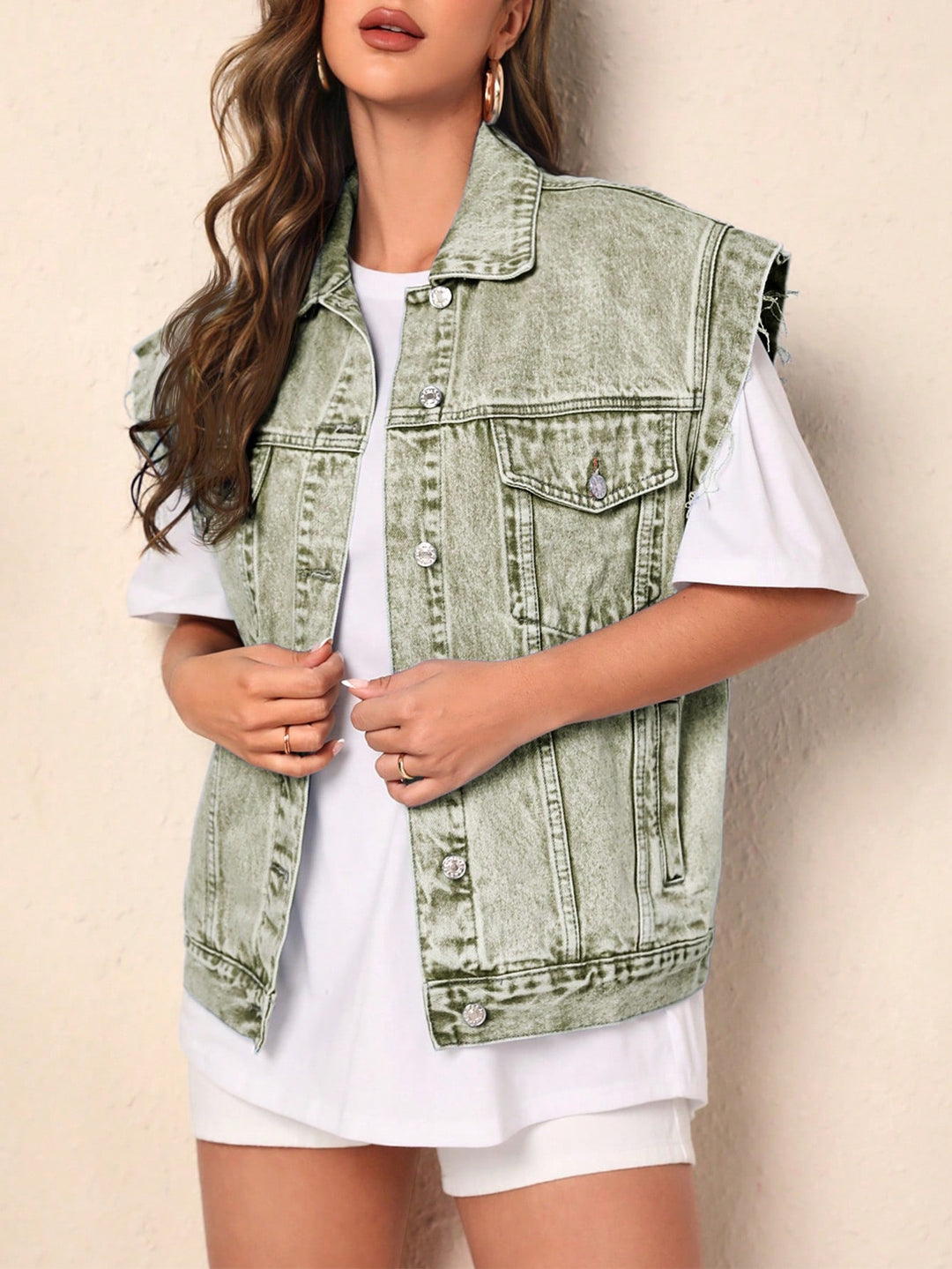 Jachetă din denim fără mâneci SHEIN, verde