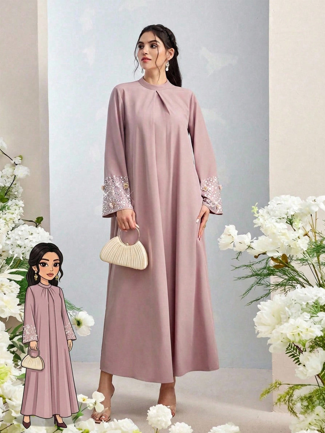 Set caftan și jalabiya SHEIN, roz