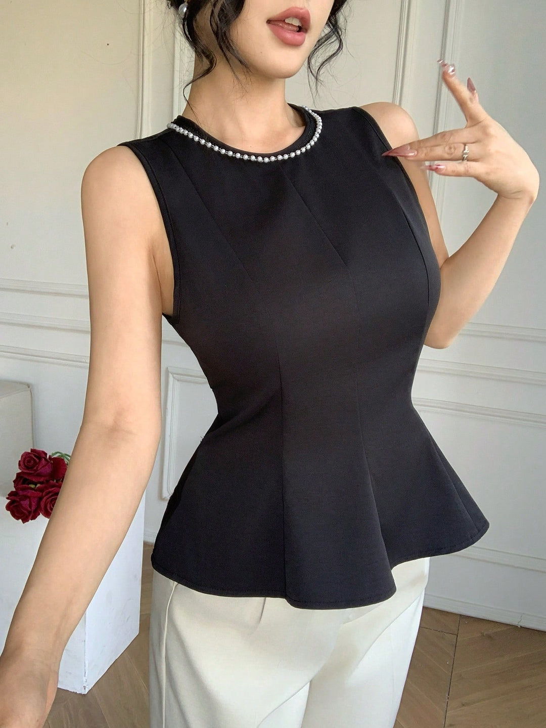 Bluza fără mâneci cu guler rotund SHEIN, negru
