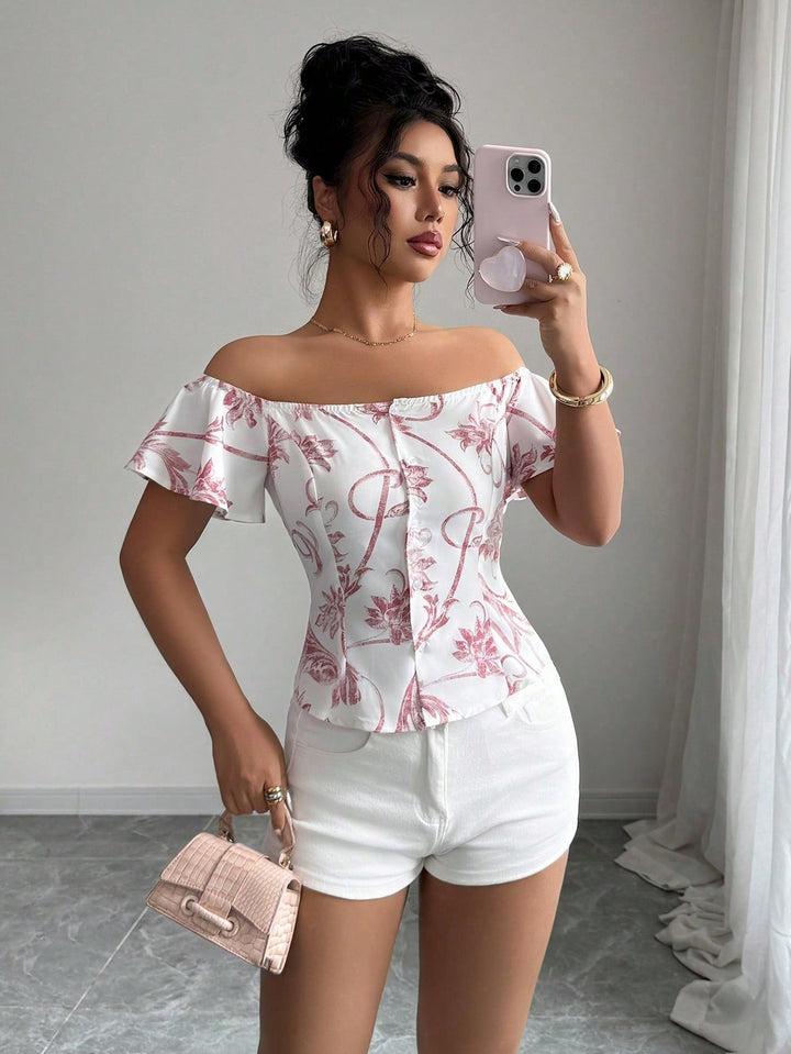 Bluza florală cu volane SHEIN, roz