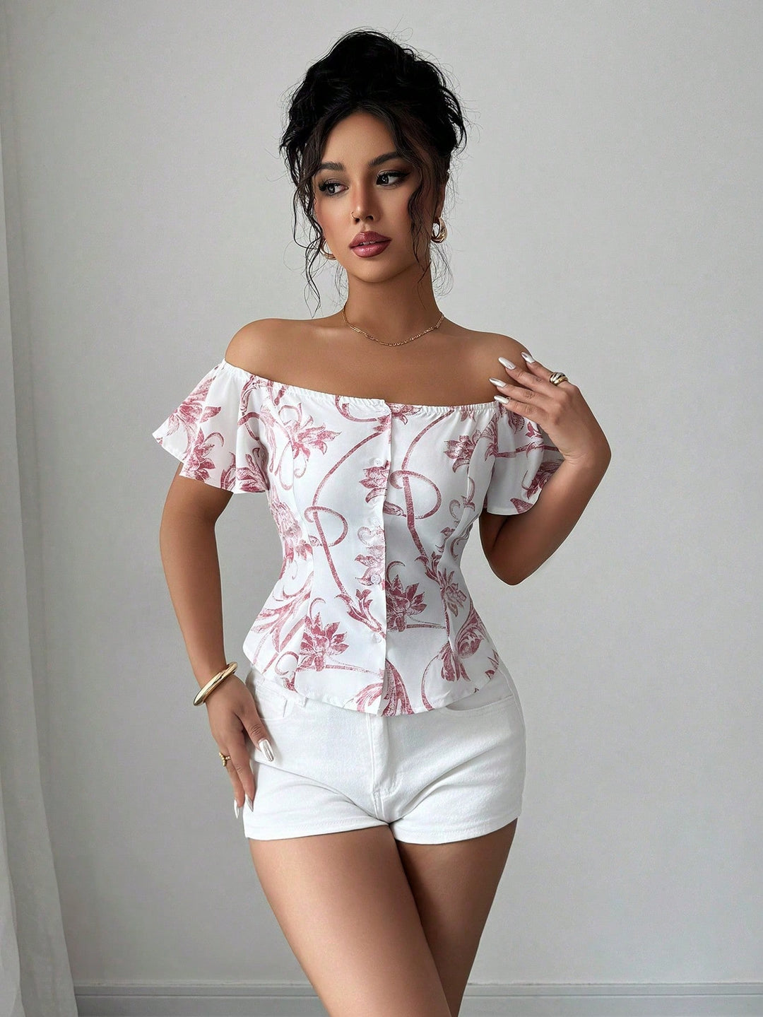Bluza florală cu volane SHEIN, roz