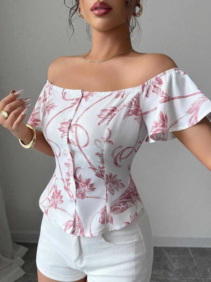 Bluza florală cu volane SHEIN, roz