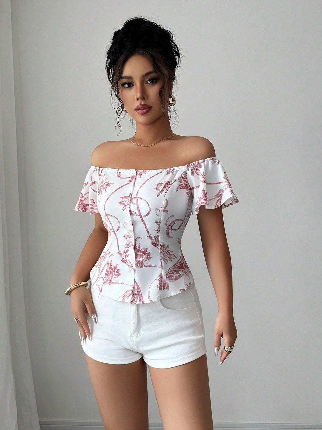 Bluza florală cu volane SHEIN, roz