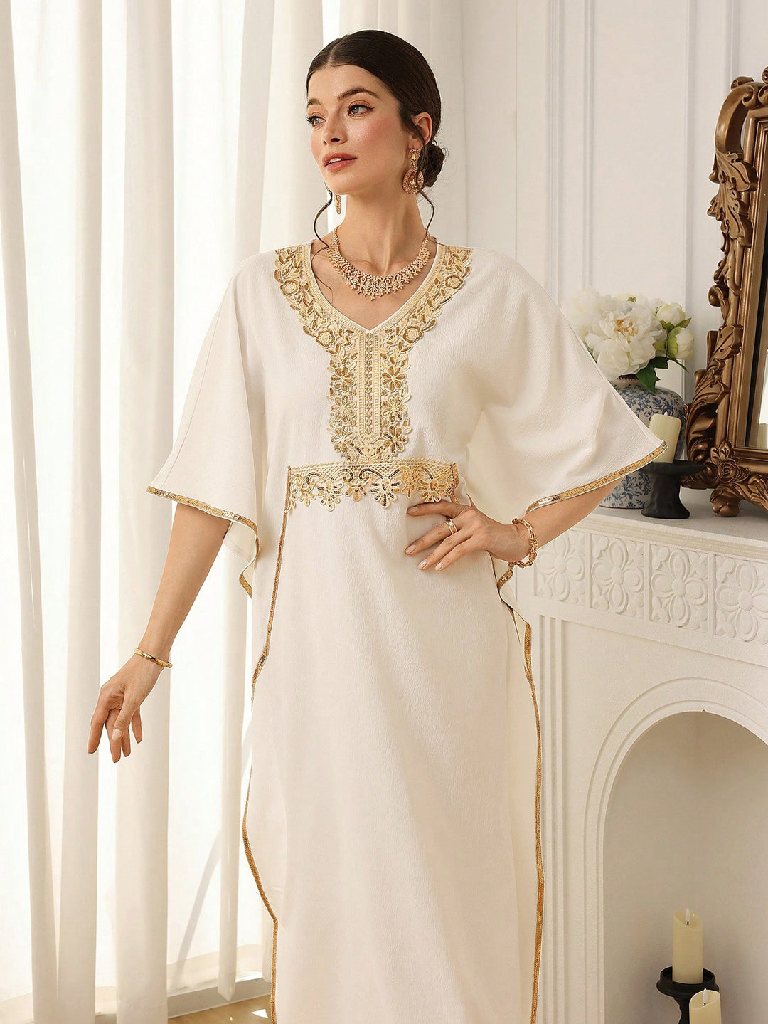 Set caftan și jalabiya SHEIN, alb