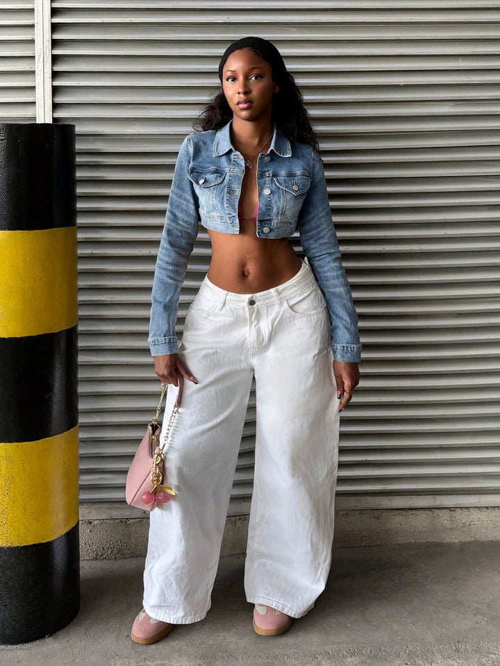 Jachetă denim cropped SHEIN, albastru