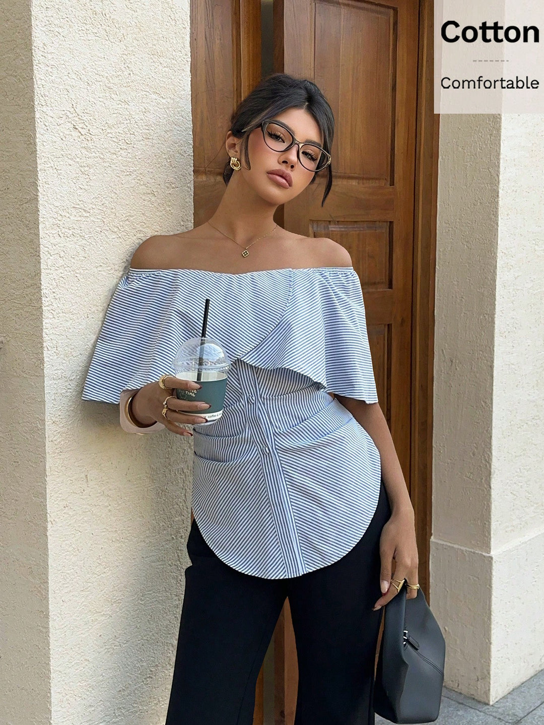 Bluză off-shoulder SHEIN, albastru