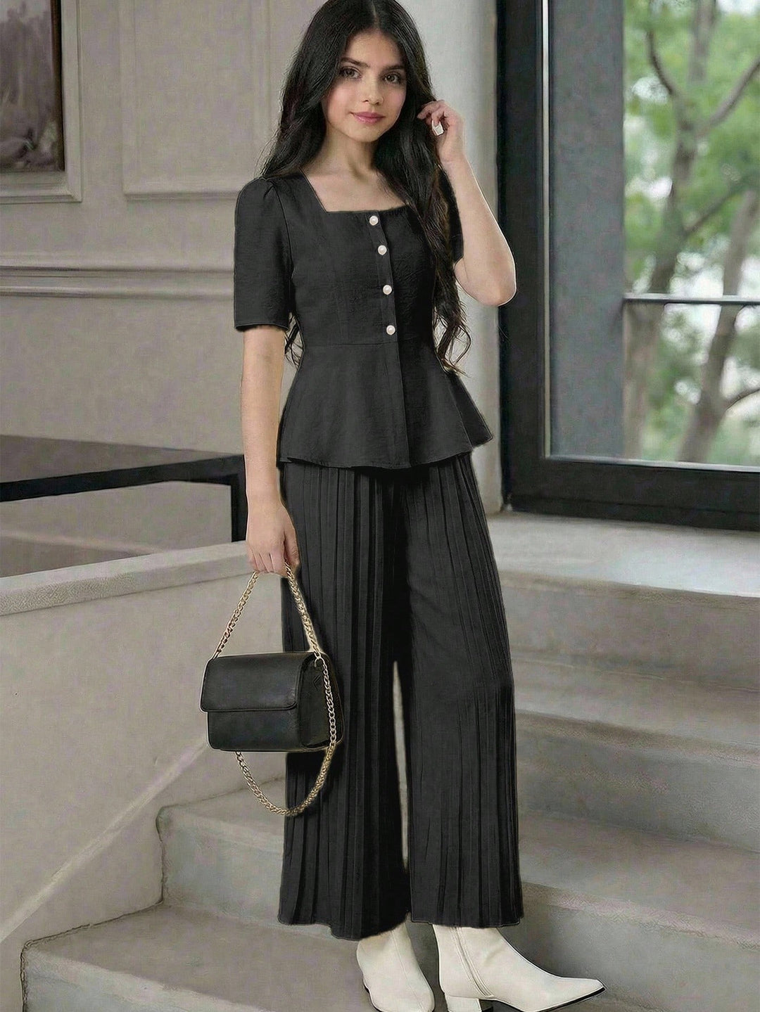 Set de bluză și pantaloni SHEIN, negru