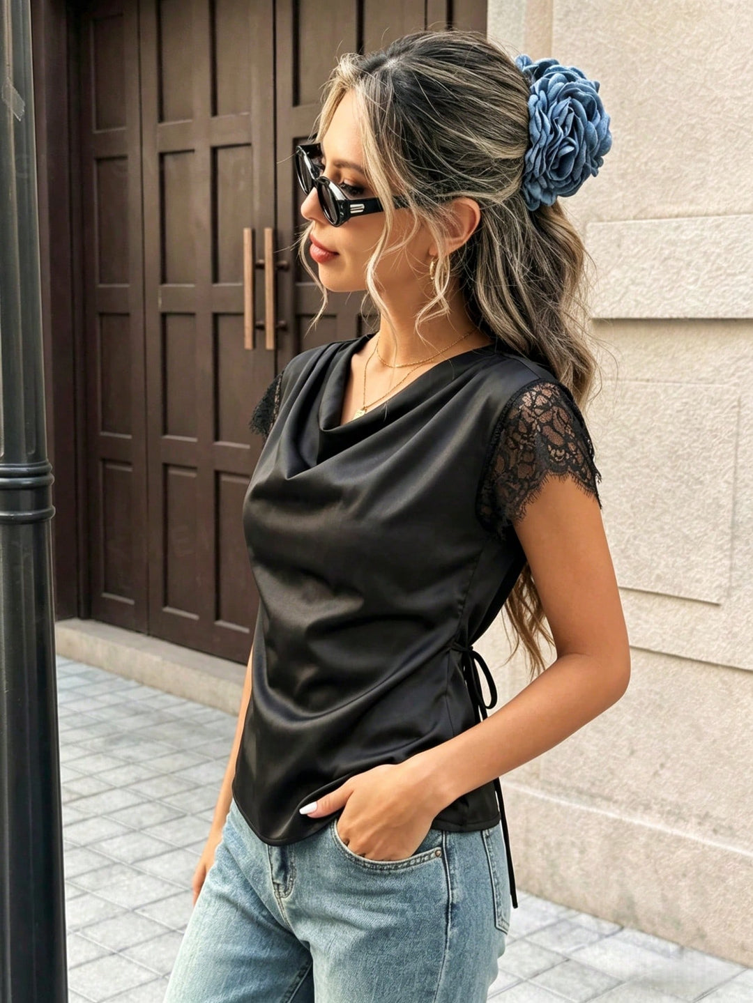 Bluza satin cu dantelă SHEIN, negru