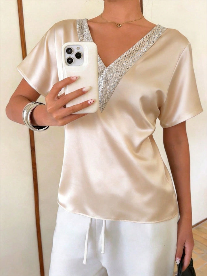 Bluza satin cu paiete SHEIN, bej