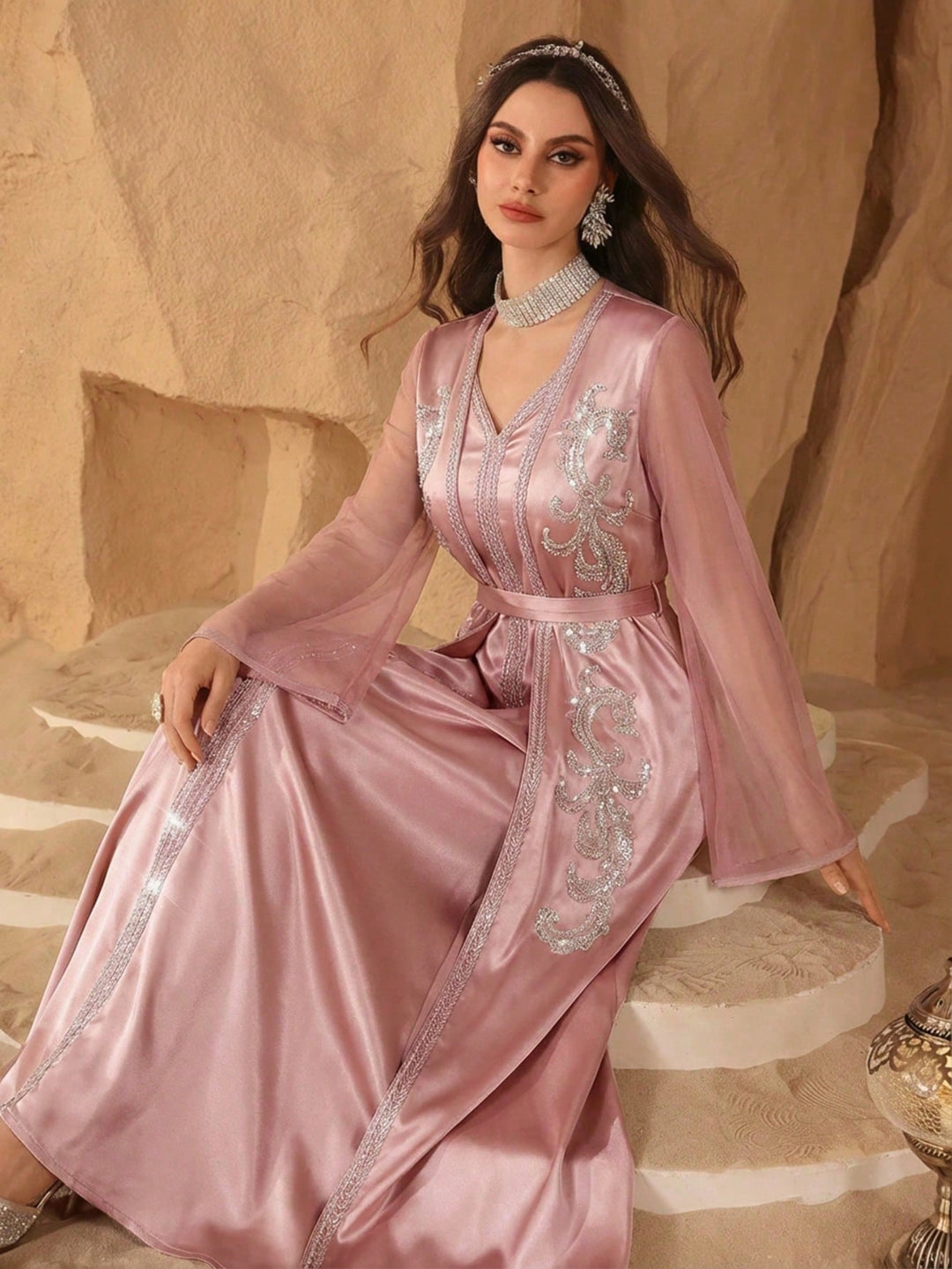 Set caftan și jalabiya SHEIN, roz