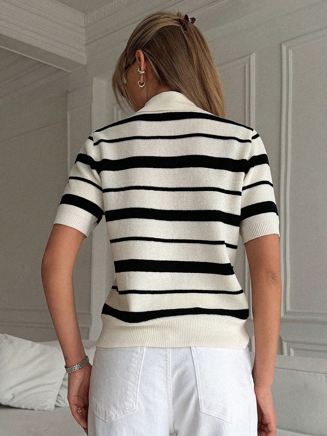 Top tricot cu guler polo SHEIN, negru