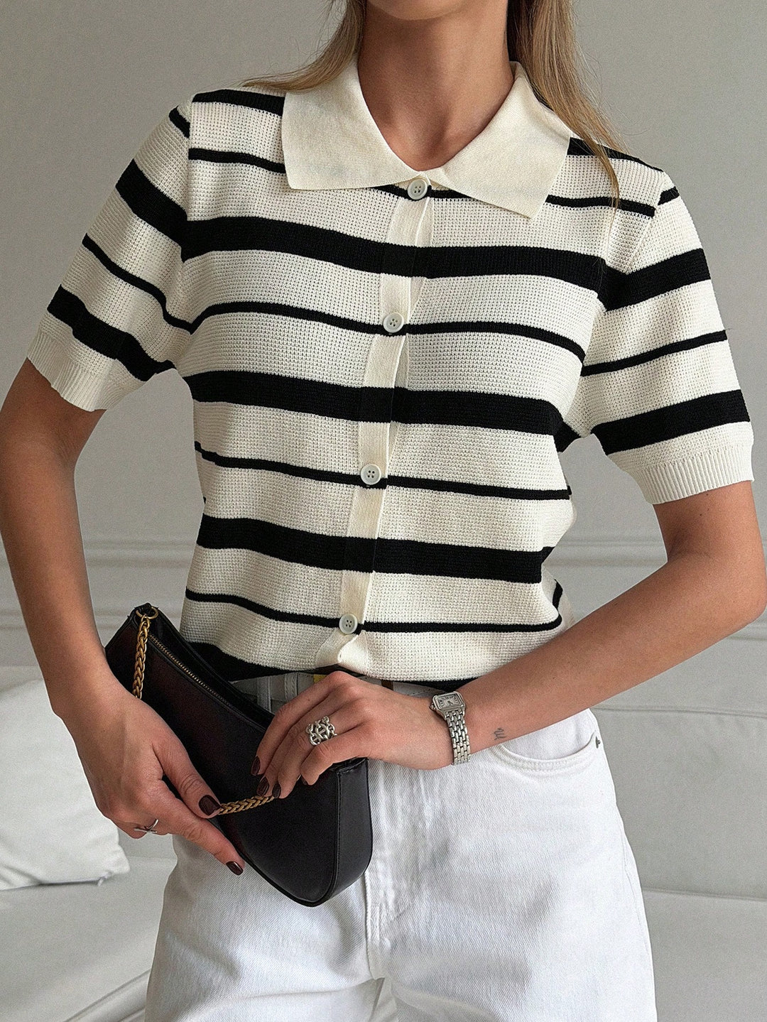 Top tricot cu guler polo SHEIN, negru
