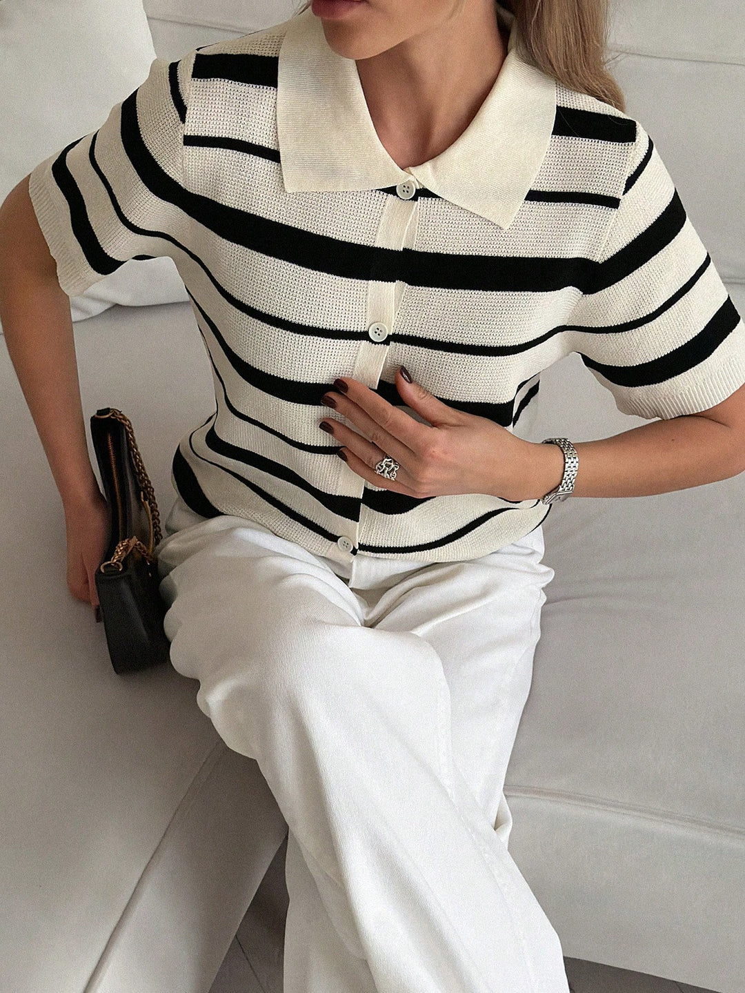 Top tricot cu guler polo SHEIN, negru