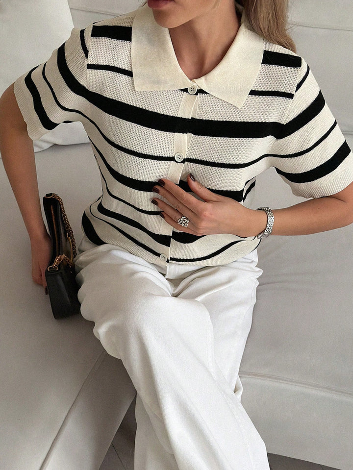Top tricot cu guler polo SHEIN, negru