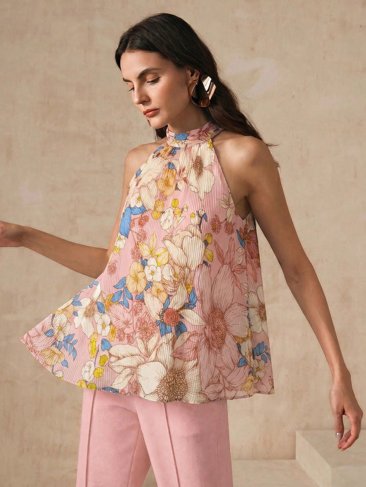 Top floral cu decolteu halter SHEIN, roz