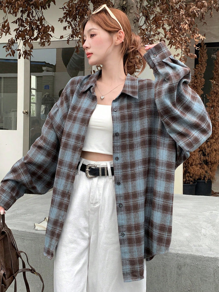 Cămașă cu model în carouri SHEIN, albastru