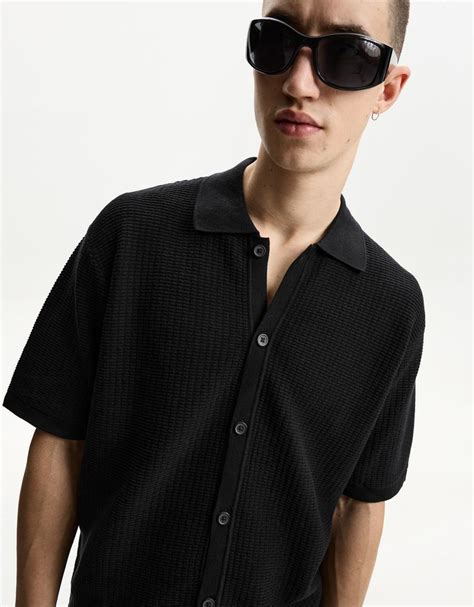 Cămașă cu mâneca scurtă BERSHKA, negru