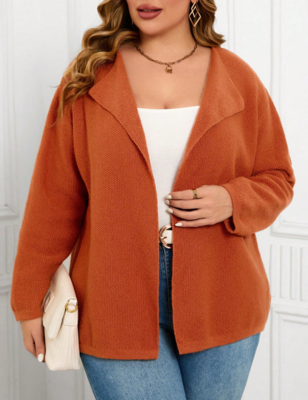 Shein Curve+ kardigán, téglaszín