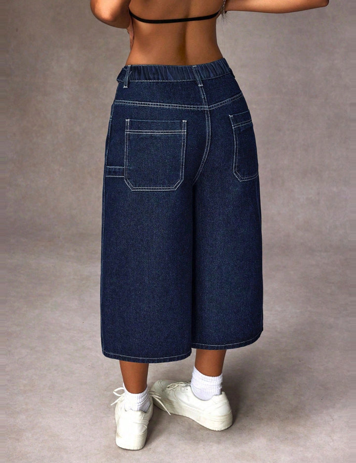 Pantaloni 3/4 Shein Curve+, albastru