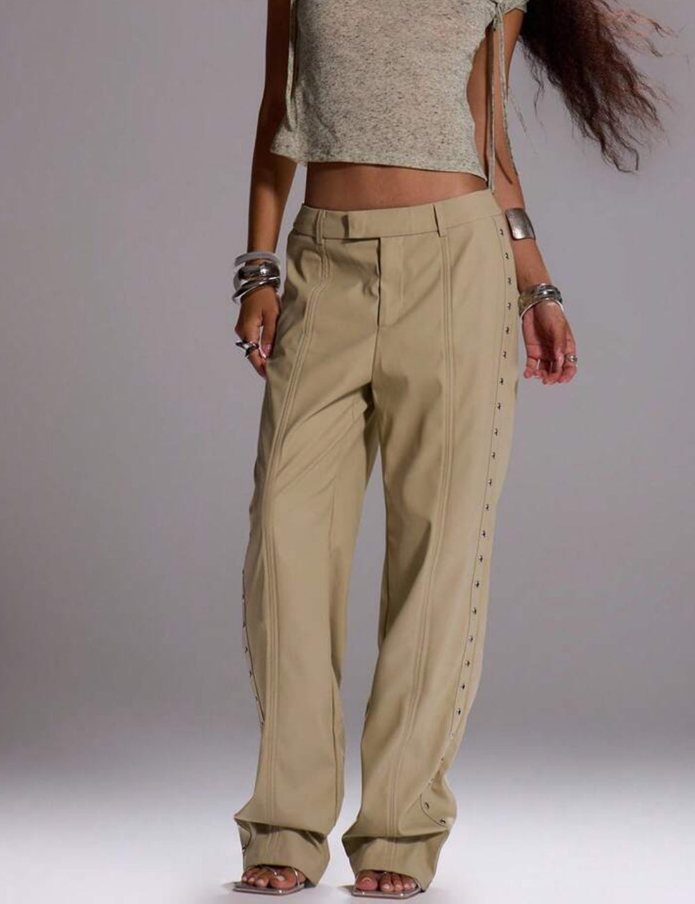 Pantaloni din imitatie de piele Shein, bej