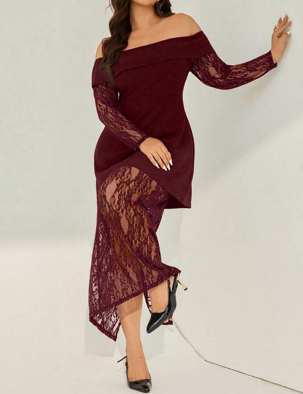 Shein Curve+ maxi ruha, bordó