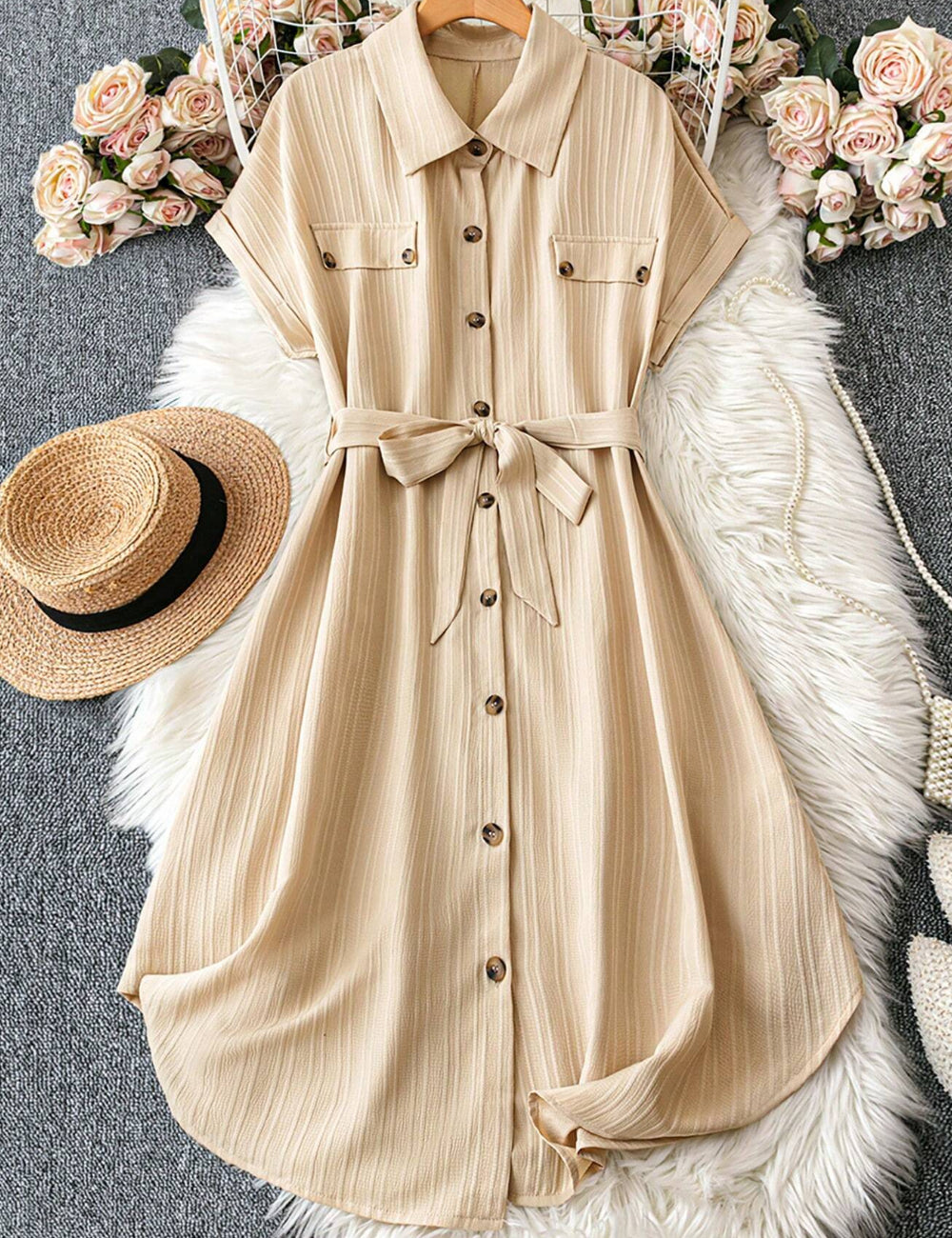 Shein Curve+ midi ruha, bézs