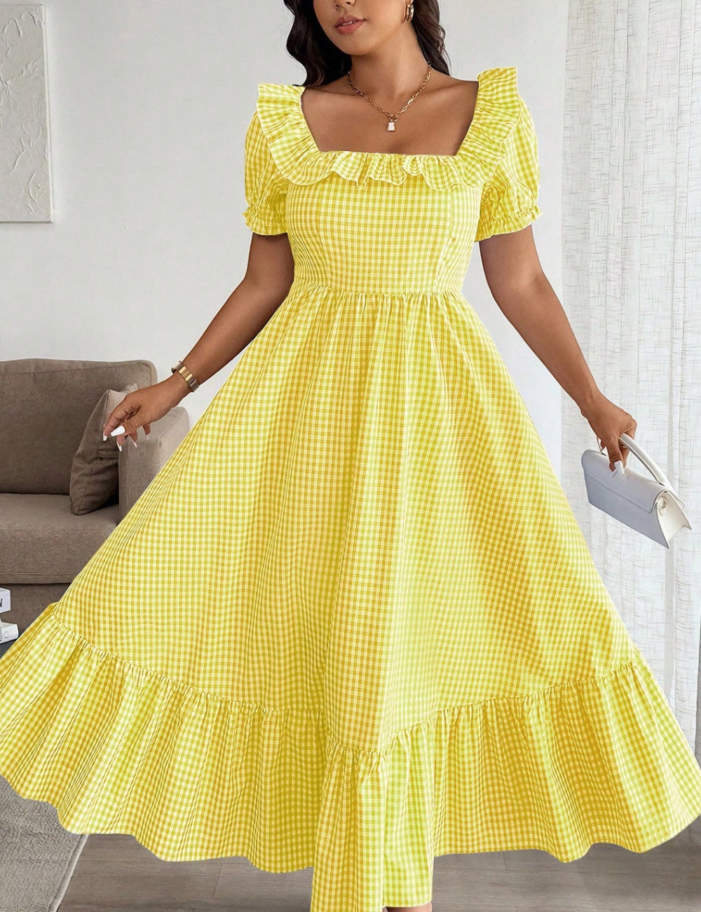 Shein Curve+ midi ruha, sárga