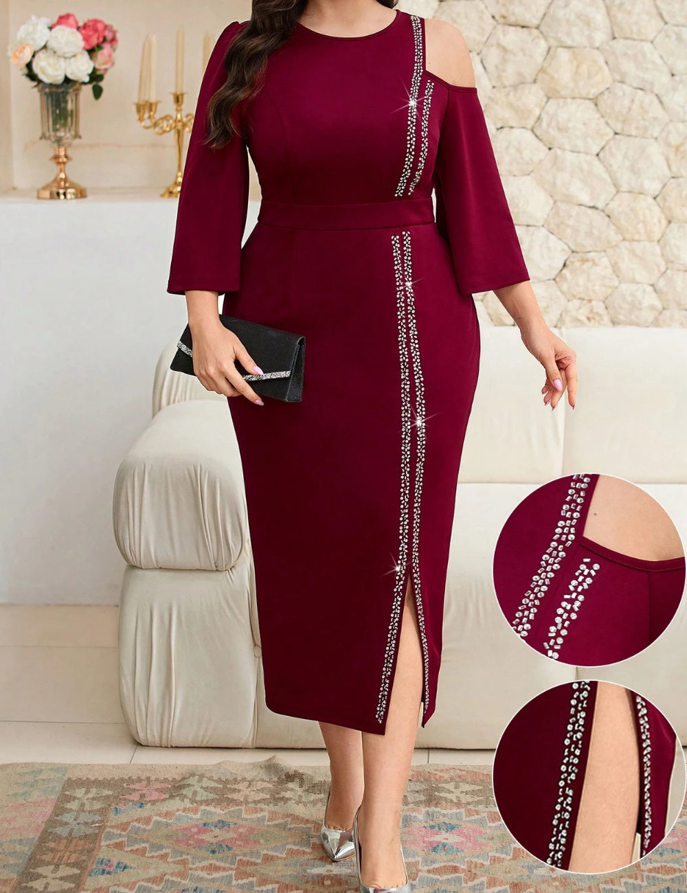 Shein Curve+ bordó midiruha