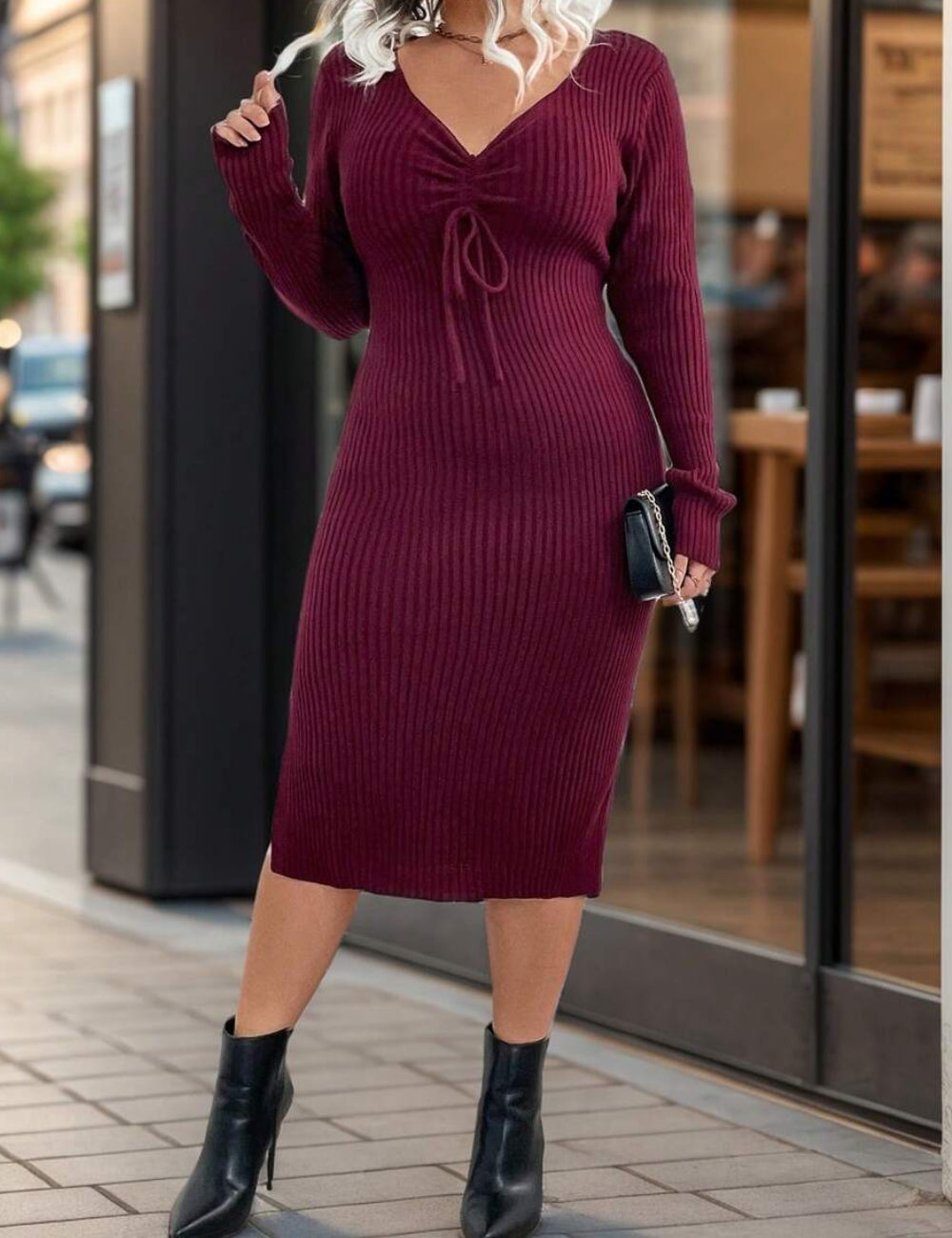 Shein Curve+ kötött ruha, bordó
