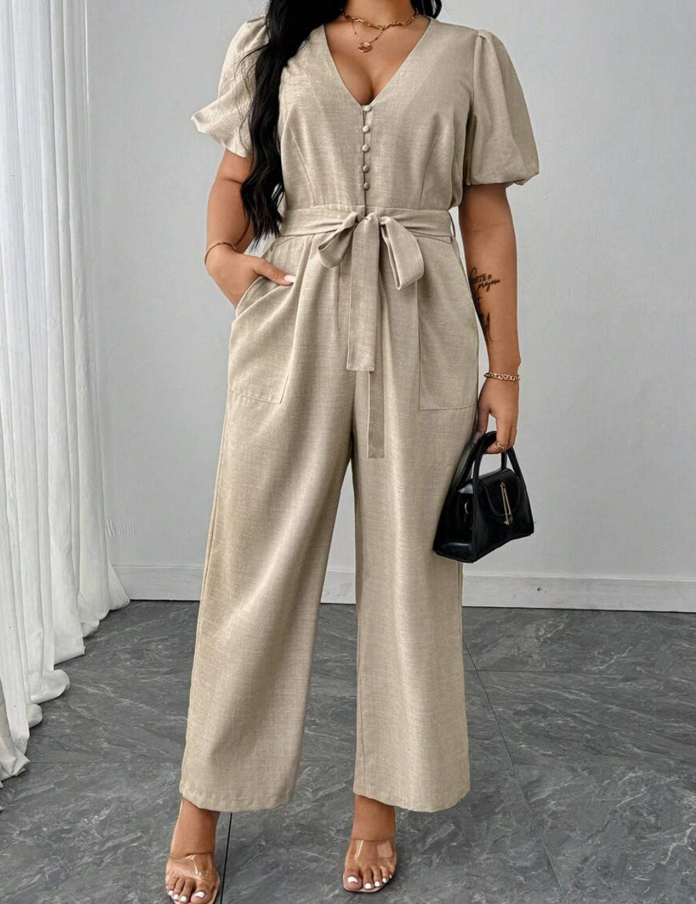 Shein Curve+ hosszú jumpsuit, bézs