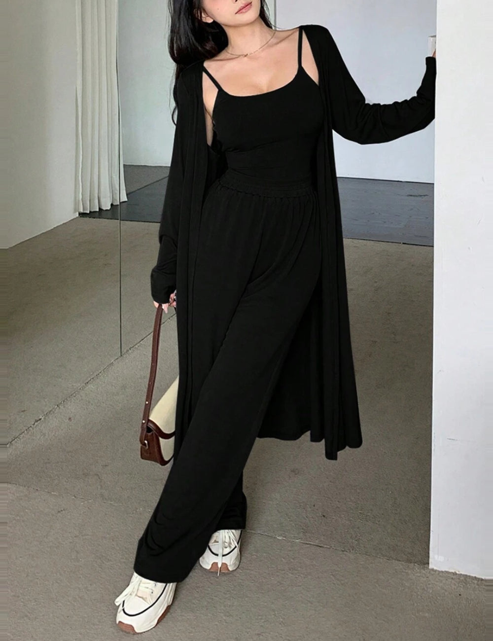 Set Cardigan, Top și Pantaloni Shein DAZY, negru