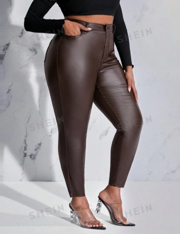 Pantaloni din imitatie de piele Shein Curve+, maro